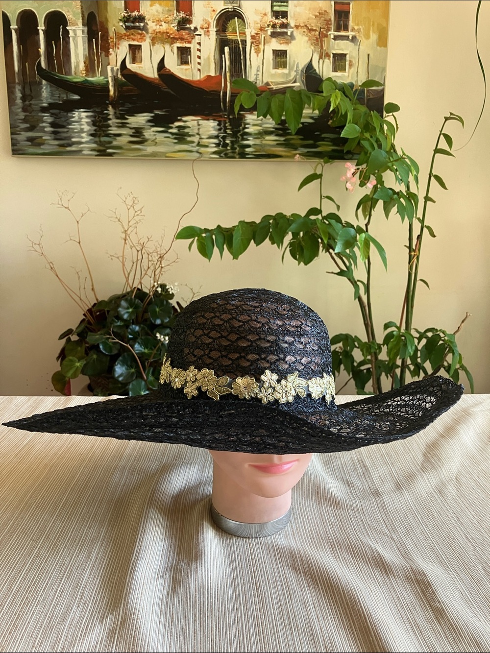 Black Wide-Brim Lace Like Hat with Gold Floral Embroidered Trim